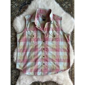 Cruel Girl Western Womens Plaid Sleeveless Button Up Shirt Size M pnk yellow blu